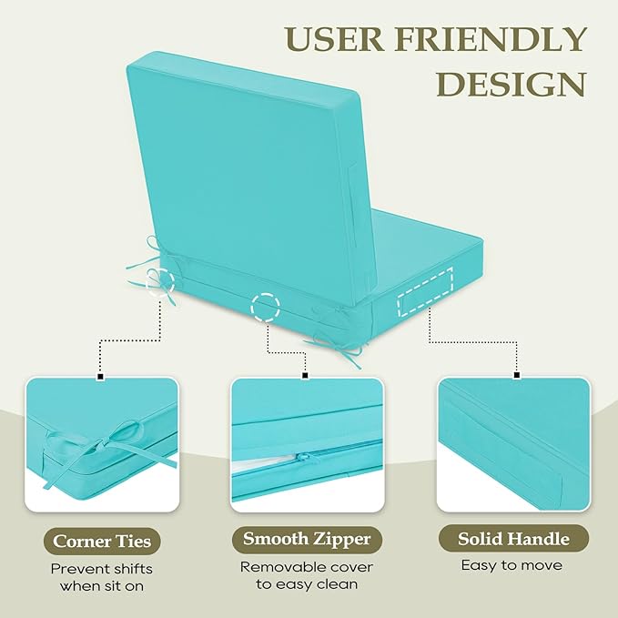 Wellsin Outdoor Deep Seat Patio Cushions, 22 x 22 Waterproof & 3-Year Fade Resistant Outdoor Cushions with Removable Covers,Ties and Handle for Chair, Sofa, Couch, Teal