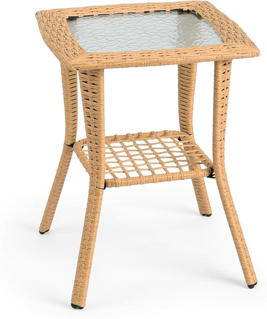VINGLI Outdoor Side Table with Storage Wicker Patio Side Table, Tempered Glass Top End Table for Balcony Porch Deck (Beige)