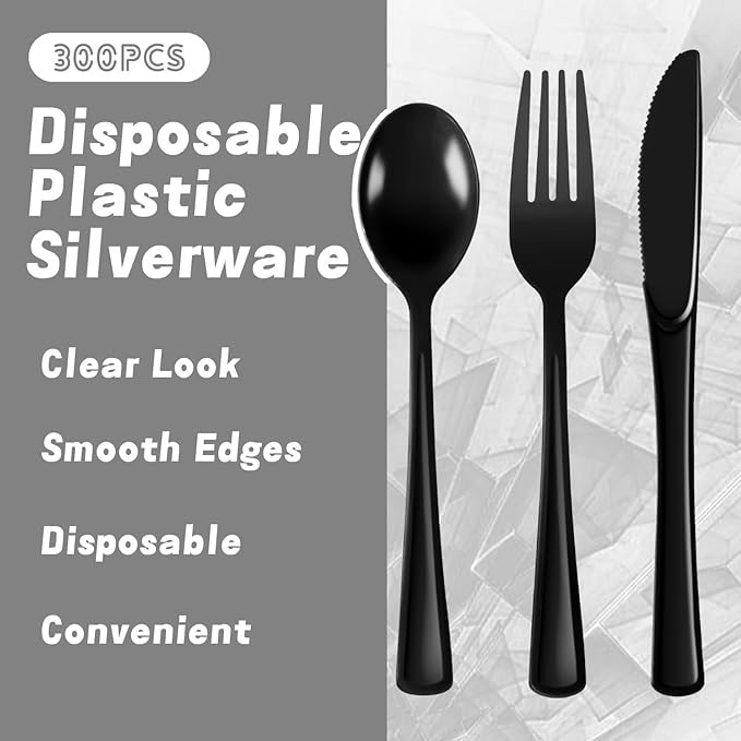 Plastic Silverware 300 PCS Disposable Silverware Heavy Duty Utensil Sets 100 Of Each Forks Knives & Spoons Disposable Cutlery Set For Easter,Birthday,Baby Shower,Garden Party,Wedding(300,Black)