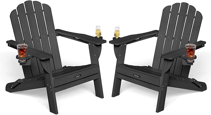 Adirondack Chairs Set of 2, HDPE Material Fire Pit Chairs, Plastic Adirondack Chairs with 2 Cup Holder, Outdoor Lawn Chair for Patio Garden, Black