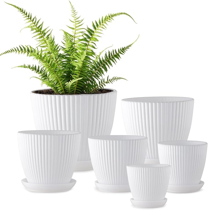 RooTrimmer 7.5/6.5/5.5/4.9/4.2/3.5 Inch Plant Pots with Drainage Holes and Saucer, Plastic Flower Pots for Indoor Plants, Lightweight Planter Pots for Plants, White