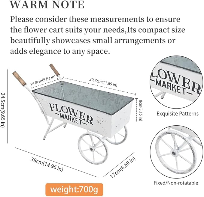 15 Inch Farmhouse Small Flower Cart with Wooden Handles Metal Wagon Planters for Outdoor Plants Decorative Wheelbarrow Plant Cart for Patio Garden Balcony White