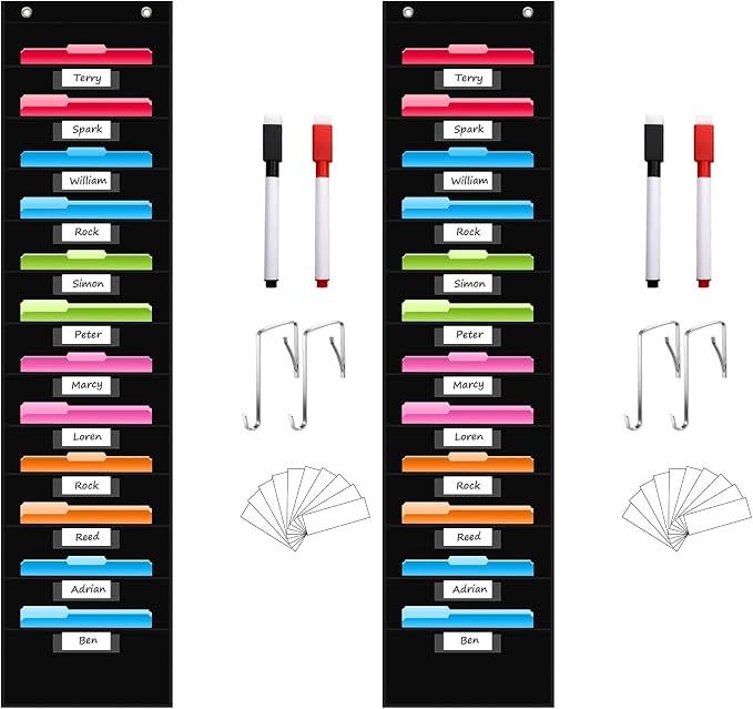 REGELETO 12 Pockets File Storage Pocket Chart with 12 Nametag Pockets,Hanging Wall File Organizer for Classroom and Office, Organize Your Assignments, Files, Scrapbooks, Paper (Black) (Pack of 2)
