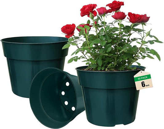 RooTrimmer 50 Pack 6 Inch Nursery Pots, Planting Grow Plastic Flower Pots, Thick Planters with Drainage Holes for Outdoor/Indoor Plants Succulent Herb (Green)