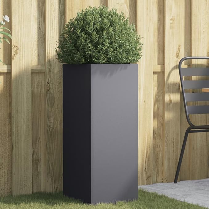 Modern Anthracite Metal Planter with Decorative Inlays, Durable Cold-Rolled Steel Construction for Indoor and Outdoor Use, Sleek Design with Efficient Drainage System
