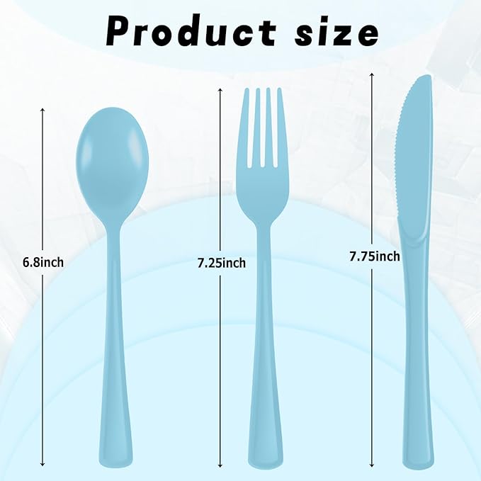 Plastic Silverware 300 PCS Disposable Silverware Heavy Duty Utensil Sets 100 Of Each Forks Knives & Spoons Disposable Cutlery Set For Easter,Birthday,Baby Shower,Garden Party,Wedding(300,Light Blue)