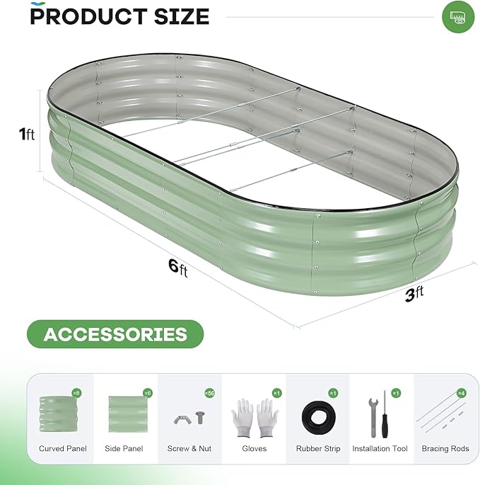 Galvanized Raised Garden Beds Outdoor, 6x3x1ft Oval Metal Raised Beds for Gardening, Rust-Resistant Garden Planter Box for Planting Vegetables, Flowers, Fruits in Backyard(Avocado Green)