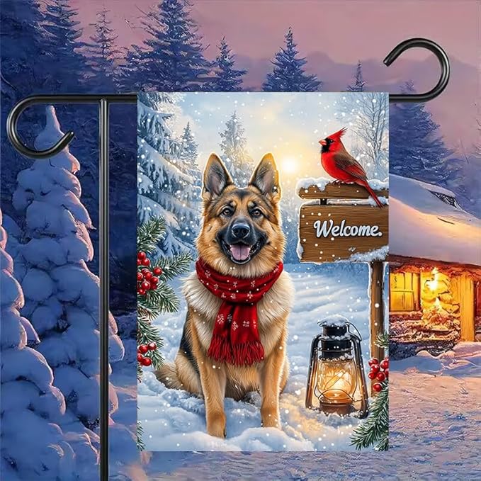 Welcome Winter Garden Flags 12x18 Double Sided, Small Burlap Holiday Snow German Shepherd Dog Garden Flag Winter Christmas Outdoor Yard Decorations Porch Lawn Flags for Outside