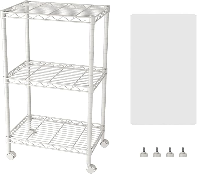 SINGAYE 3 Shelves Storage Shelf Wire Shelving Unit Metal Adjustable Wheels | Small Shelf Storage with Wheels Organizers Closet Unit for Bathroom Laundry Room Kitchen Pantry11.5D x 17.5W x 30.5H White