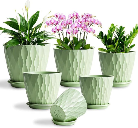 Plant Pots, Self Watering Planters with Drainage Holes and Trays, Flower Pots for Indoor Outdoor - 6 Pack(4/5/6/6.5/7/8 Inch) (Light Green)