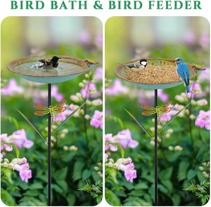 VEWOGARDEN 38" Tall Metal Bird Bath for Outside, Outdoor Bird Bath Feeder with Stable Stake for Garden, Yard, Patio Decor, Blue-Green