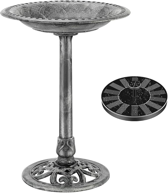 VIVOHOME Bird Bath with Solar Fountain for Outside, Polyresin Pedestal Bird Baths with Solar Powered Pump for Outdoor, Garden, Weather-Resistant Birdbaths with 20" Bowl, Gray