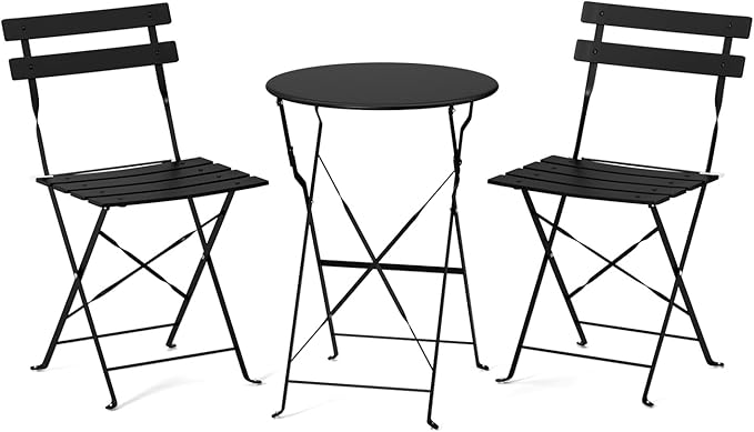 VINGLI Outdoor Folding Bistro Table and Chairs Set of 2, 3-Piece Bistro Set with Premium Steel Frame for Patio, Balcony, Garden, Porch, Yard, Black