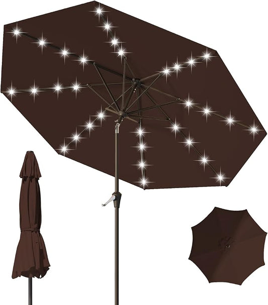 9FT Patio Umbrella with Solar Lights,Outdoor Market Umbrella with Tilt and Crank, LED Lighted Table Umbrella for Garden,Deck,Backyard,Pool,Beach