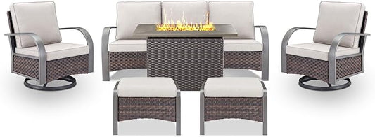 Belord Patio Furniture Set with Fire Pit Table - 50000 BTU Propane Fire Pit, 6 Piece Outdoor Conversation Furniture Sets with 2 Swivel Rocker Chair Rattan Sofa Perfect for Casual Gathering