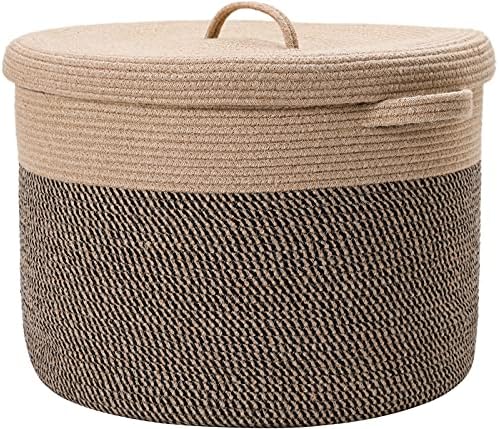 20x15 Inch Extra Large Round Cotton Rope Storage Basket with Lid, Decorative Woven Bin with Cover for Living Room Bedroom Closet, Jute & Black Mix