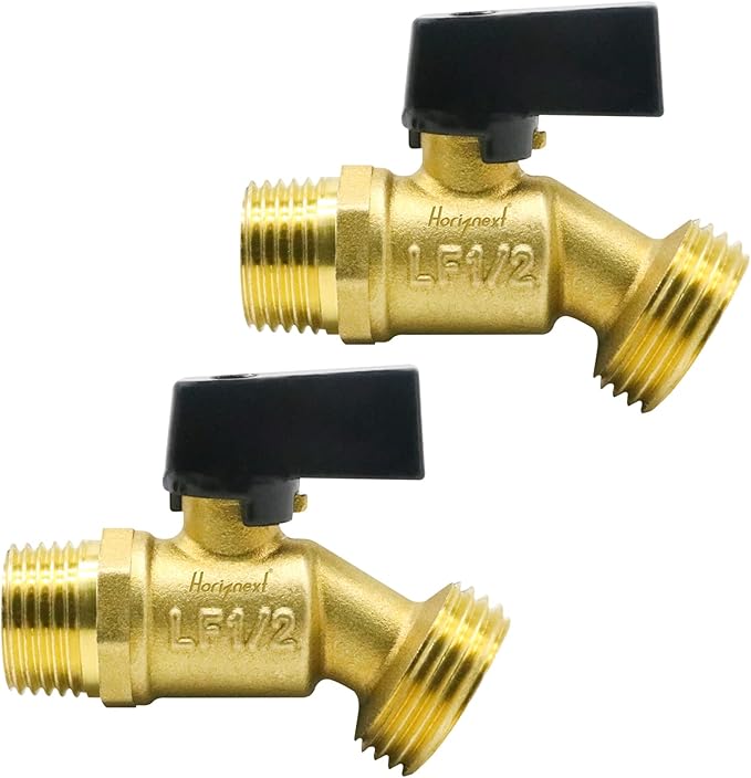 garden hose bibb, npt 1/2 thread inlet 1 inch O.D. thread outlet outdoor spigot, brass shut off valve for water pipe draining rain barrel bucket ibc tank. (2 pcs)