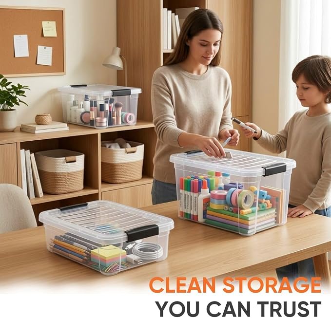 Superio Clear Storage Boxes with Lids, 3.4 Quart Plastic Container Bins for Organizing, Stackable Crates, BPA Free, Non Toxic, Odor Free, Organizers for Home, Office, School, and Dorm