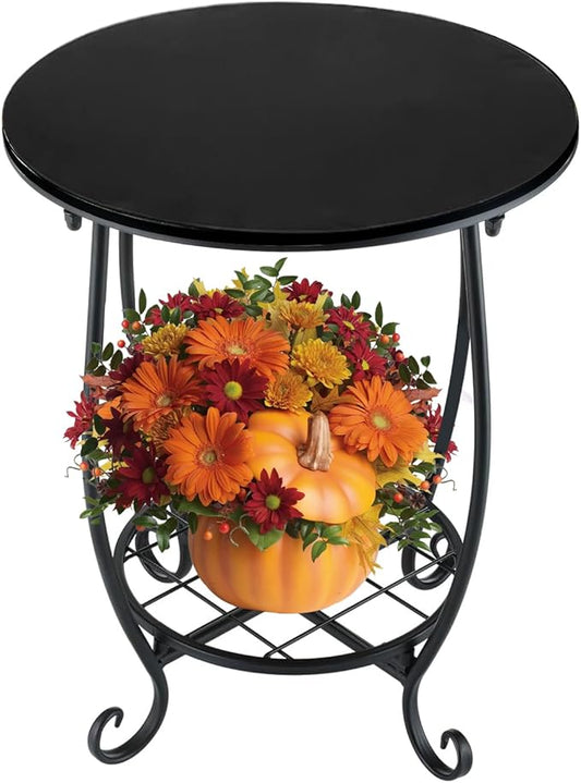 2 Tier Outdoor Side Table,14" Diameter and 17" H Weather Resistant Metal Round Outdoor End Table Side Table for Patio Yard Porch Balcony Garden Bedside,Suitable for Indoor and Outdoor use