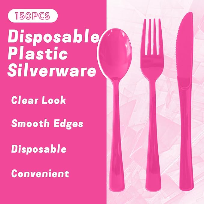 Plastic Silverware 150 PCS Disposable Silverware Heavy Duty Utensil Sets 50 Of Each Forks Knives & Spoons Disposable Cutlery Set For Easter,Birthday,Baby Shower,Garden Party,Wedding(150,Hot Pink)