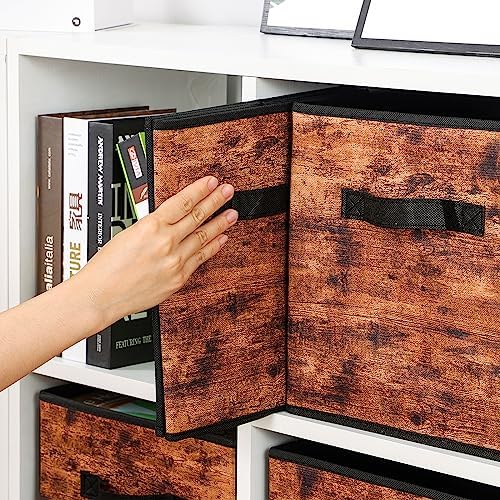 Stero Fabric Storage Cubes, 6 Pack Foldable Storage Bins with Handle, 13 Inch Box for Shelves, Closet, Organizer, Rustic Brown and Black