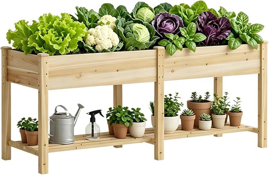 Raised Garden Bed with Legs, Wooden Planter Box with Storage Shelf, Elevated Wood Planter Box for Vegetables Flowers Herbs, Garden Planter for Backyard, Patio, Balcony, 72x24x30.7inch (Natural, L)
