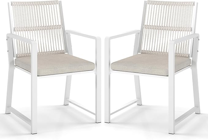 Outdoor Patio Wicker Rattan Dining Chairs, Heavy-Duty Wrought Iron Frame Supports 300lbs, Ergonomic Backrest, Detachable Breathable Cushion, for Garden & Porch, White, Set of 2