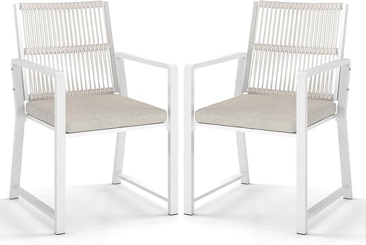 Outdoor Patio Wicker Rattan Dining Chairs, Heavy-Duty Wrought Iron Frame Supports 300lbs, Ergonomic Backrest, Detachable Breathable Cushion, for Garden & Porch, White, Set of 2