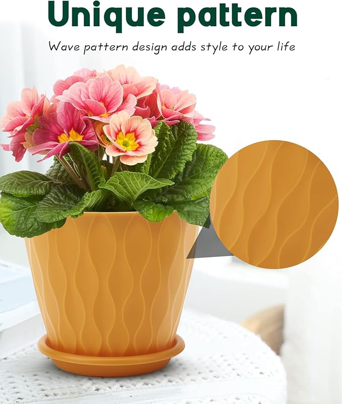 6 Inch Indoor Planter Pots with Drainage Hole and Tray Saucer,Flower Pots for Indoor Outdoor Garden Plants and Flowers, Multicolor, 5 Packs