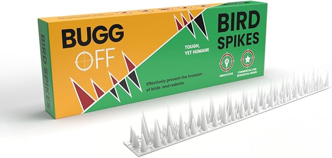 BUGGOFF - Bird & Rodent Spikes, Unique Spike Pattern effecitviely deteres Pesky Pigeons, Squirrels, Raccoons. Installs on Fences, Gates, Roofs, Walls and More! (13 Feet, White Plastic)