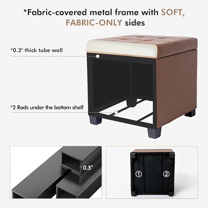 ABHENG Steel Frame Square Ottoman with Storage Caramel UASND645Z | 17.7" x 17.7" x 17.7", Hold 660 lbs, 48L Storage Capacity, Waterproof Synthetic Leather, Removable Lid, for Dorm Living Room