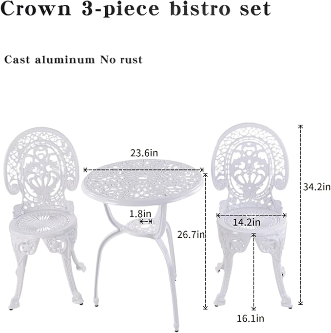 KAILI Patio Bistro Sets 3 Piece cast Aluminum Patio Furniture Outdoor Garden Metal Rust Proof Tables and Chairs White bisrto Set (Crown-White)