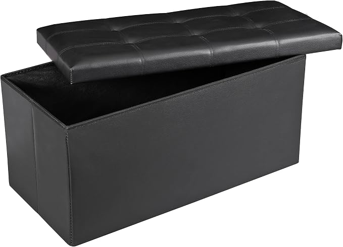 JupiterForce Ottoman Storage Bench, 30 Inches Folding Faux Leather Ottoman Foot Rest Stool, Footstool Bench w/Storage&Padded Seat for Bedroom, Entryway, Living Room, Holds up to 350lbs, Black