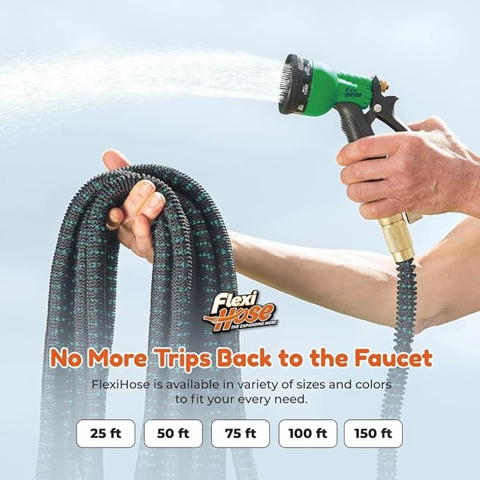Flexi Hose with 8 Function Nozzle, 150FT - Lightweight Expandable Garden Hose, No-Kink Flexibility, 3/4 Inch Solid Brass Fittings and Double Latex Core - Green