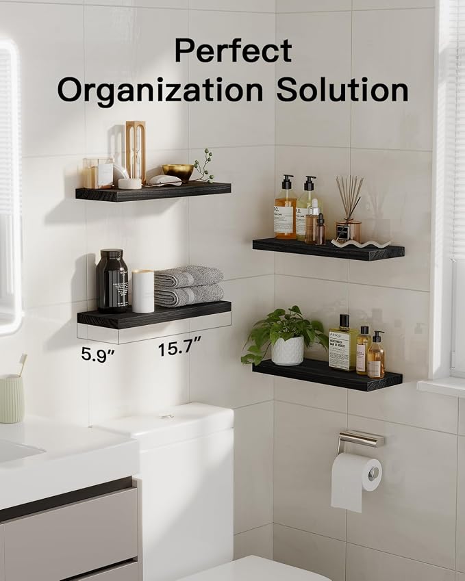 Amada Paulownia Wood Floating Shelves for Wall, Set of 4, Black | Wall Shelves with Solid Metal Concealed Brackets, 22 lbs Capacity per Shelf, Includes Drilling Template, Flexible 4-Piece Set