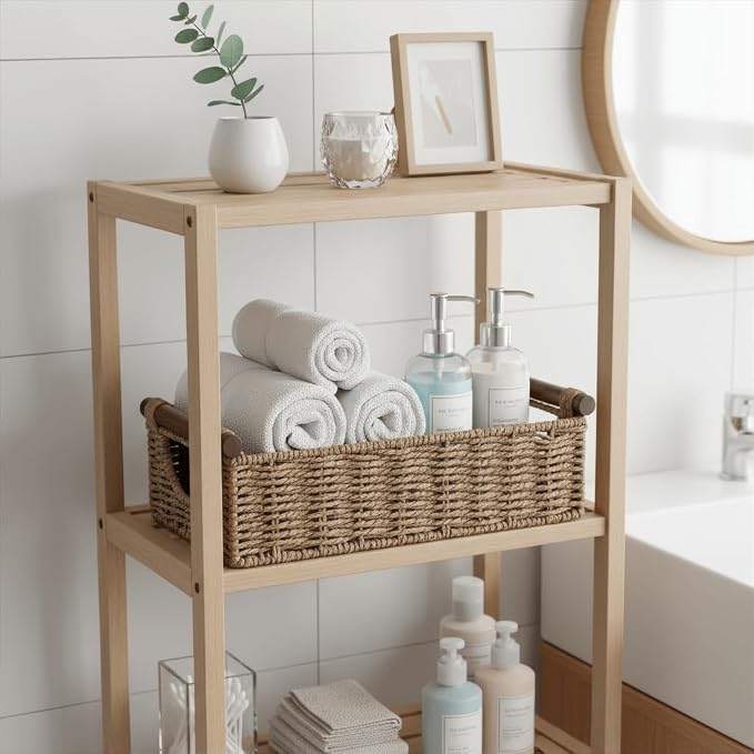 CubesLand Small Wicker Toilet Basket Tray Organizer W/Cut Out Handle | Handwoven Slim Decorative Basket for Countertop Shelf, And for Rustic Home Decor, Living Room, Nursery Organization, Neutral