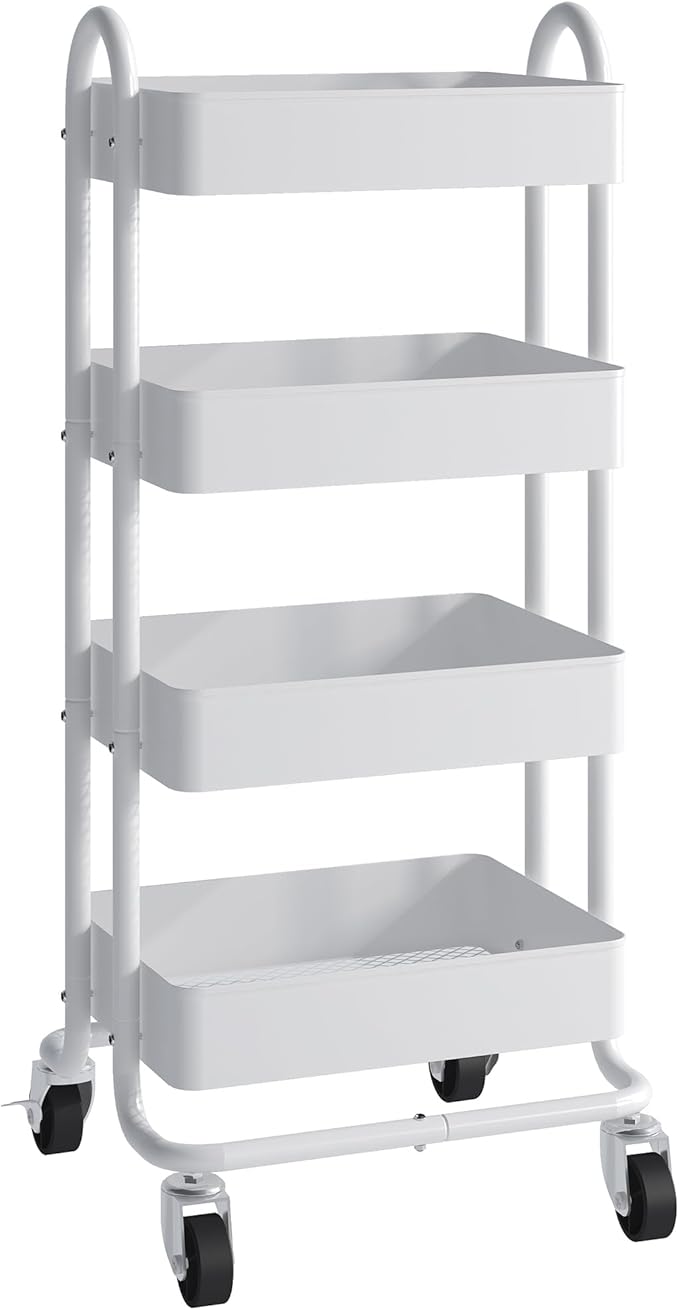 4 Tier Metal Rolling Cart with Wheels,4 Tier Utility Cart with Wheels for Office,Home,Kitchen,Garden（13.4"x18.1"x40"） White