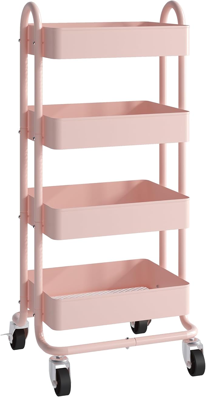 4 Tier Metal Rolling Cart Pink Utility Cart with Wheels,Rolling Pink Cart for Office,Home,Kitchen,Garden（13.4"x18.1"x40"）