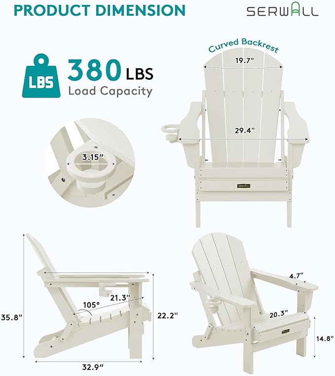 SERWALL Folding Adirondack Chair Set of 4, All Weather Adirondack Chairs with Cup Holder for Patio Garden Outdoors Fire Pit Chairs-White