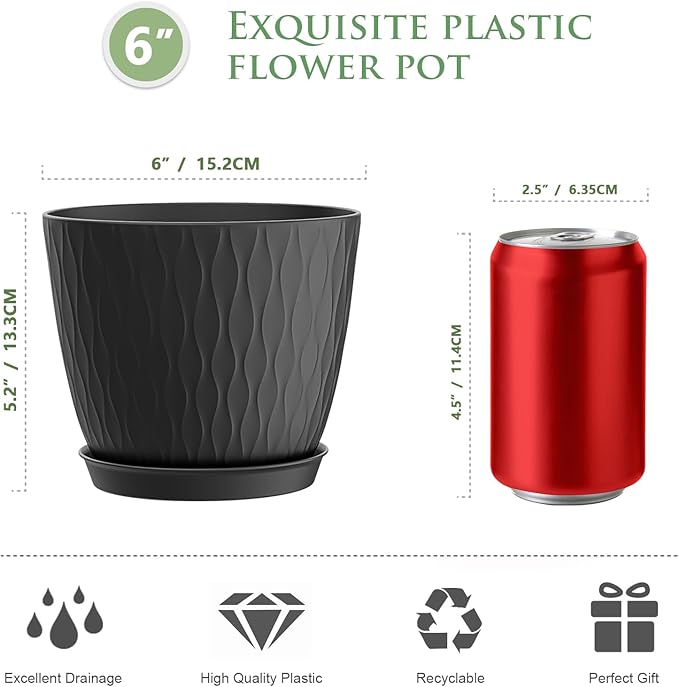 WSMKSZ 6 inch Plant Pots, 5 Pack Flower Pots with Drainage Holes and Saucers for Indoor Plants, Plastic Planters with Water Ripple for Small Garden House Plants, Nursery Pots for Succulent, Black