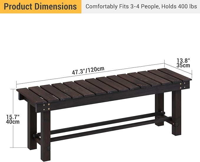 Wood Outdoor Garden Bench,3-Person Seat 47" Backless Bench, 100% Solid Fir Carbonized Weatherproof Patio Bench,Indoor Bathroom Seat Entryway Shoe Bench for Garden Porch Backyard Pool Balcony (Large)