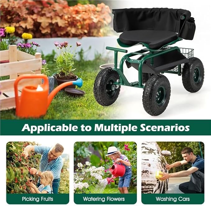 ERGOMASTER Garden Cart Rolling Workseat with Wheels,2 Steering Handles,360 Degree Swivel Seat & Tool Storage, Use for Patio, Yard, and Outdoors Workseat, Green