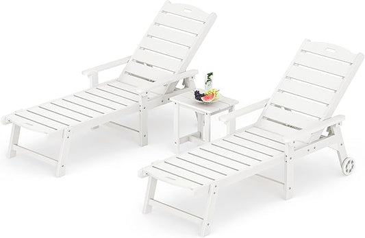 LUE BONA Chaise Lounge Chair with Table, 3-Piece, HDPS Chaise Lounger, 5 Positions Adjustable Lounge Chairs, Pool Lounge Chair with Wheels for Poolside, Backyard, White