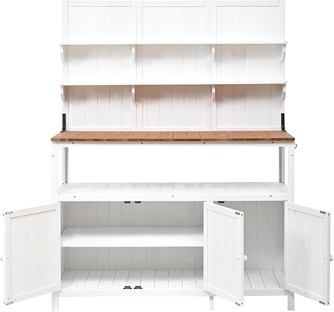 RUNNA Potting Bench with Hutch, 50.2" Solid Fir Wood Garden Workstation, Large Countertop, 2 Shelves, 2 Cabinets, 3 Side Hooks, Outdoor Planting Table for Gardening (White@080, 50.2-Inch)