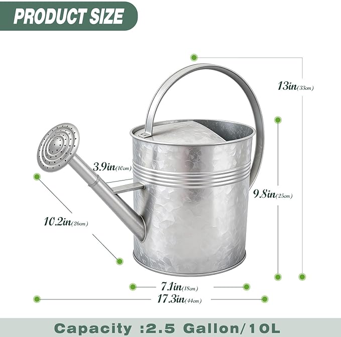 9.5L Metal Watering Can for Outdoor Garden, Galvanized Steel Large Watering Can Pot with Top Handle and Long Spout, Rust-Resistant Water Can for Flower, Lawns, and Farm Use