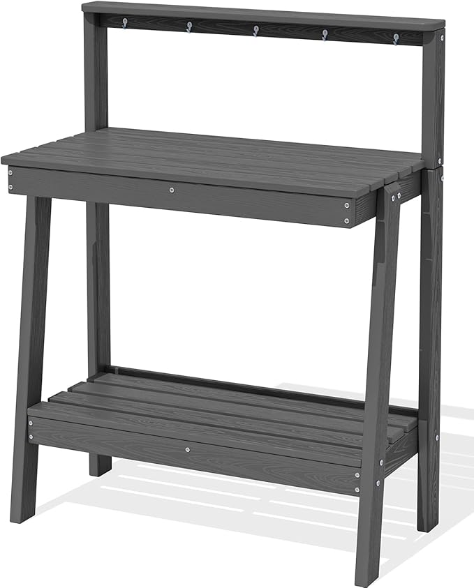 SERWALL Potting Bench Outdoor with Storage, 3-Tier HDPE Gardening Table with Angled Legs & Tool Hooks, All-Weather Heavy Duty Potting Table for Patio, Backyard, Garden, Gray