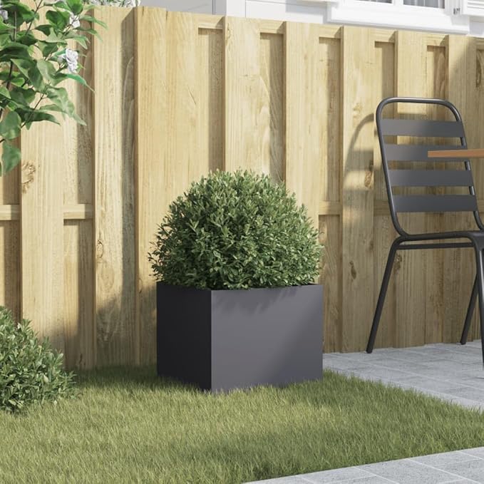 Modern Anthracite Metal Planter with Cold-Rolled Steel Frame and Efficient Drainage for Outdoor Spaces, Matte Finish Decorative Inlays, Durable Container for Plants