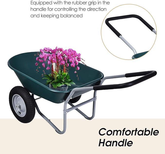 Mayjooy 2 Wheel Garden Wheelbarrow, 330 lbs Capacity Wheelbarrow w/13” Durable Tires, Heavy Duty Utility Wagon for Easy Loading & Dumping, Garden Cart for Gardening Farm Lawn Yard Ranch (Green)