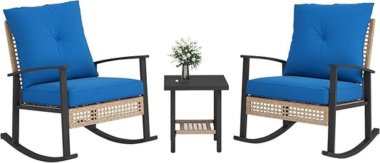 Outsunny 3 Pieces Rocking Wicker Outdoor Bistro Set, Rattan Patio Furniture Set with Coffee Table and Porch Chairs, Button Tufted Cushions for Backyard, Balcony, Garden, Dark Blue