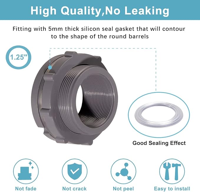 Ququyi 1.25 Inch PVC Bulkhead Water Tank Connector Adapter Fitting with Plugs Thru-Bulk Pipe Fitting for Rain Barrels, Aquariums, Ponds(Set of 2)